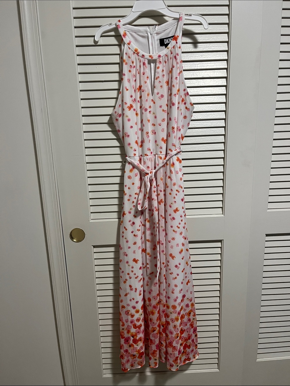 DKNY White Maxi Dress with Pink & Orange Floral Accents